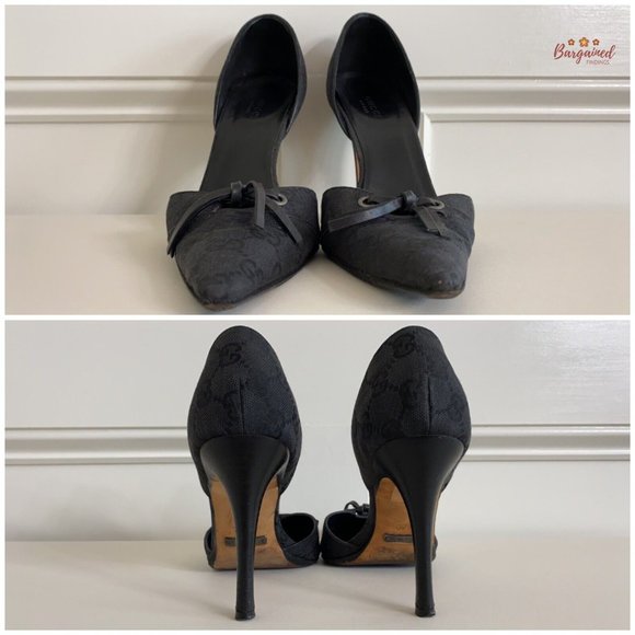 Authentic GUCCI Vintage Black GG Monogram Canvas Leather D'ORSAY Heel Pumps 7.5 - Picture 5 of 15